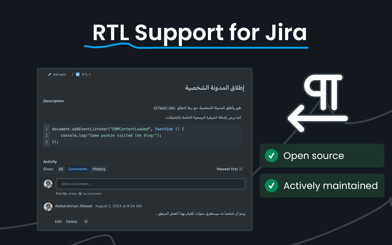 RTL Jira extension in action showing Arabic content properly aligned